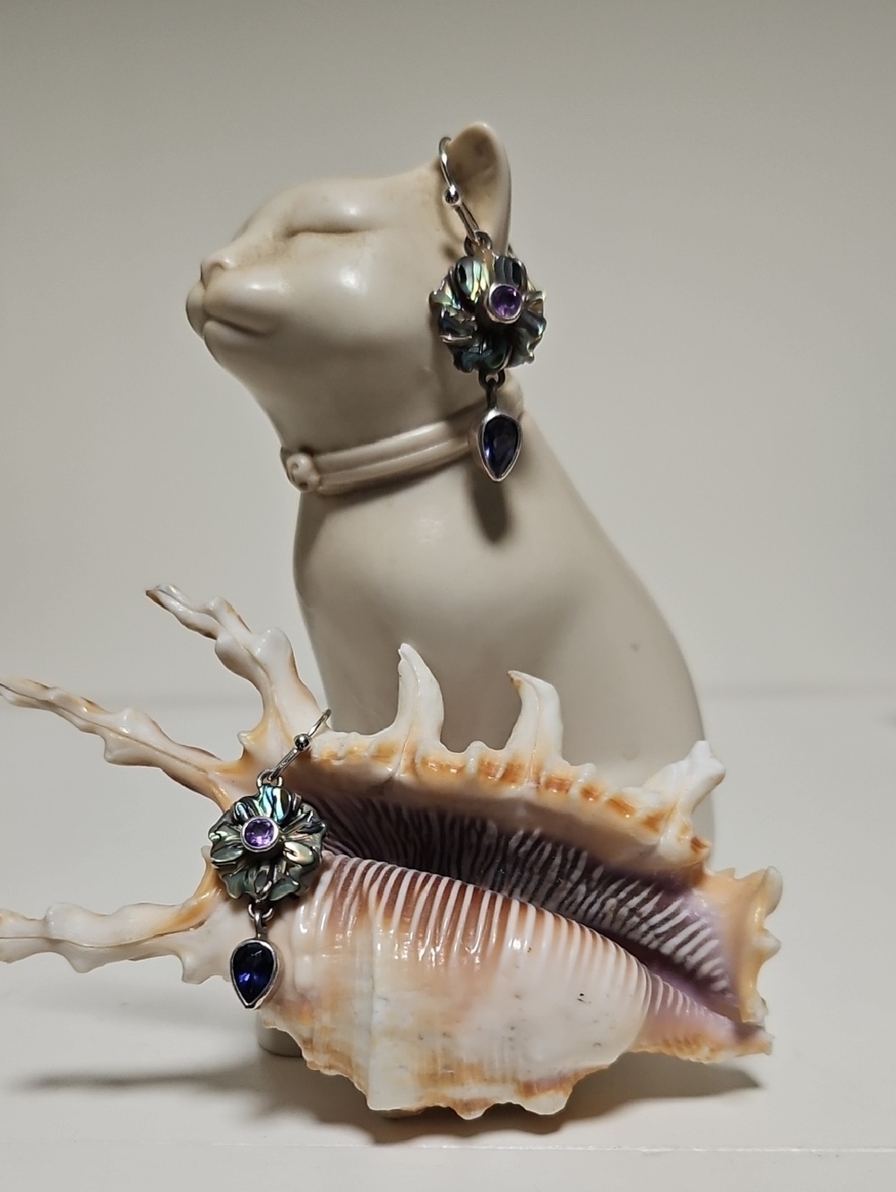 Incredible Amethyst, Lolite And Abalone  Sterling Silver Earrings